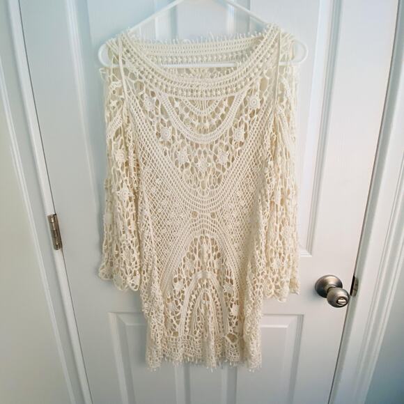 Boho Crochet Lace Dress Womens Medium Ivory Sheer Cover Up Tunic Bell Sleeve - Picture 1 of 4